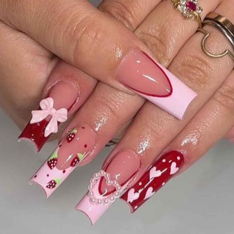 Foccna Press on Nails Long Rhinestone Pink Fake Nails Square Bling Glossy Artificial Nails Finger Manicure for Women and Girls-24pcs (Long Nails 3) - Image 2